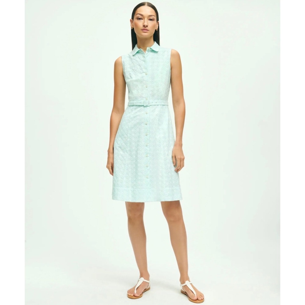 Brooks Brothers Women's 4 Mint Cotton Eyelet Belted Sleeveless Shirt Dress